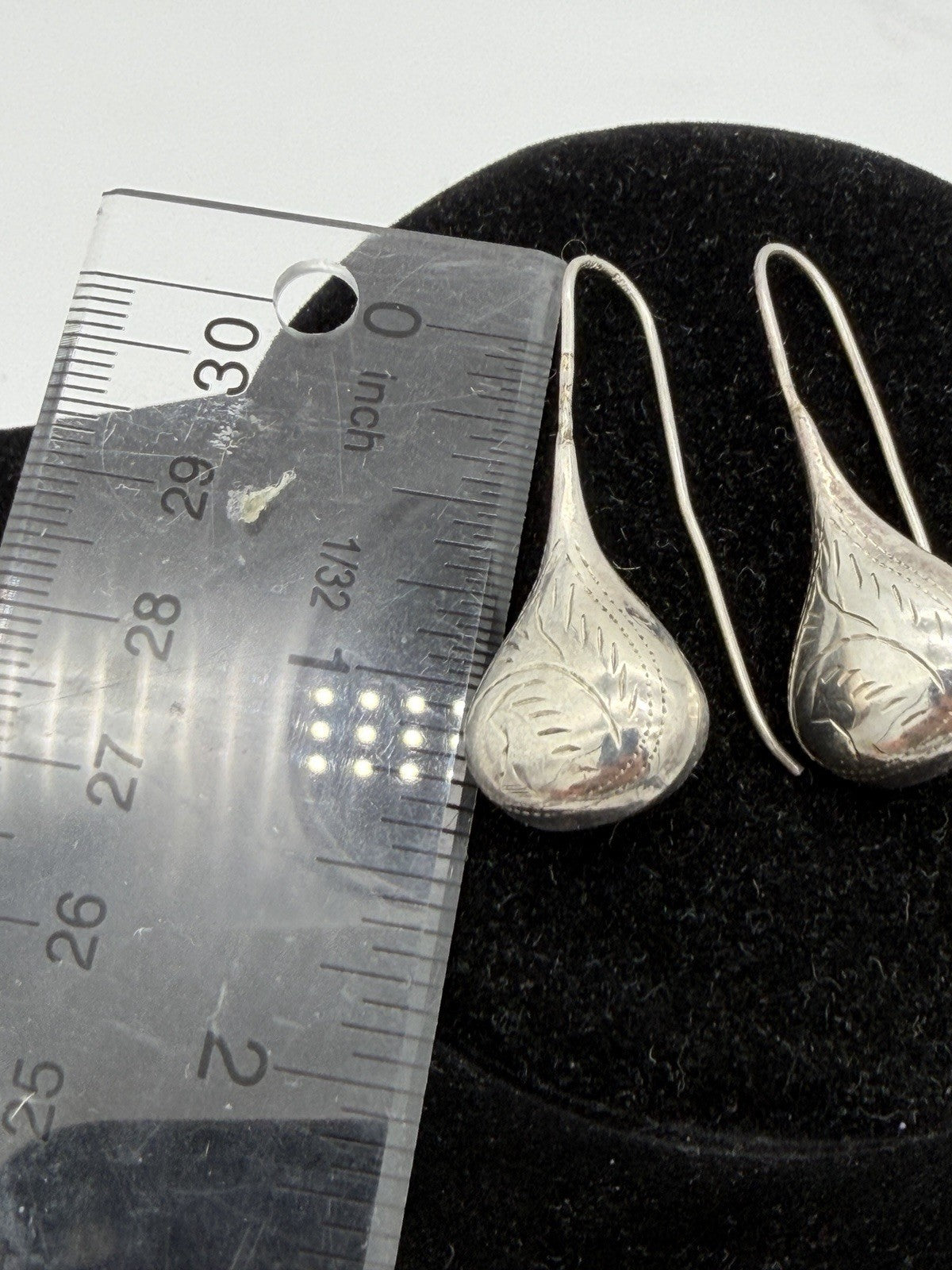 Sterling Silver Earrings Etched Leaf Feather Puffed Teardrop Raindrop Threader