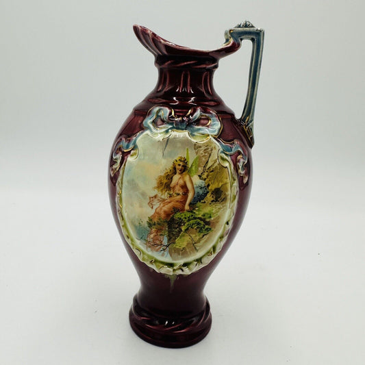 Majolica Red Pitcher Blue Ribbon Fairy Portrait Numbered 9in Porcelain Antique