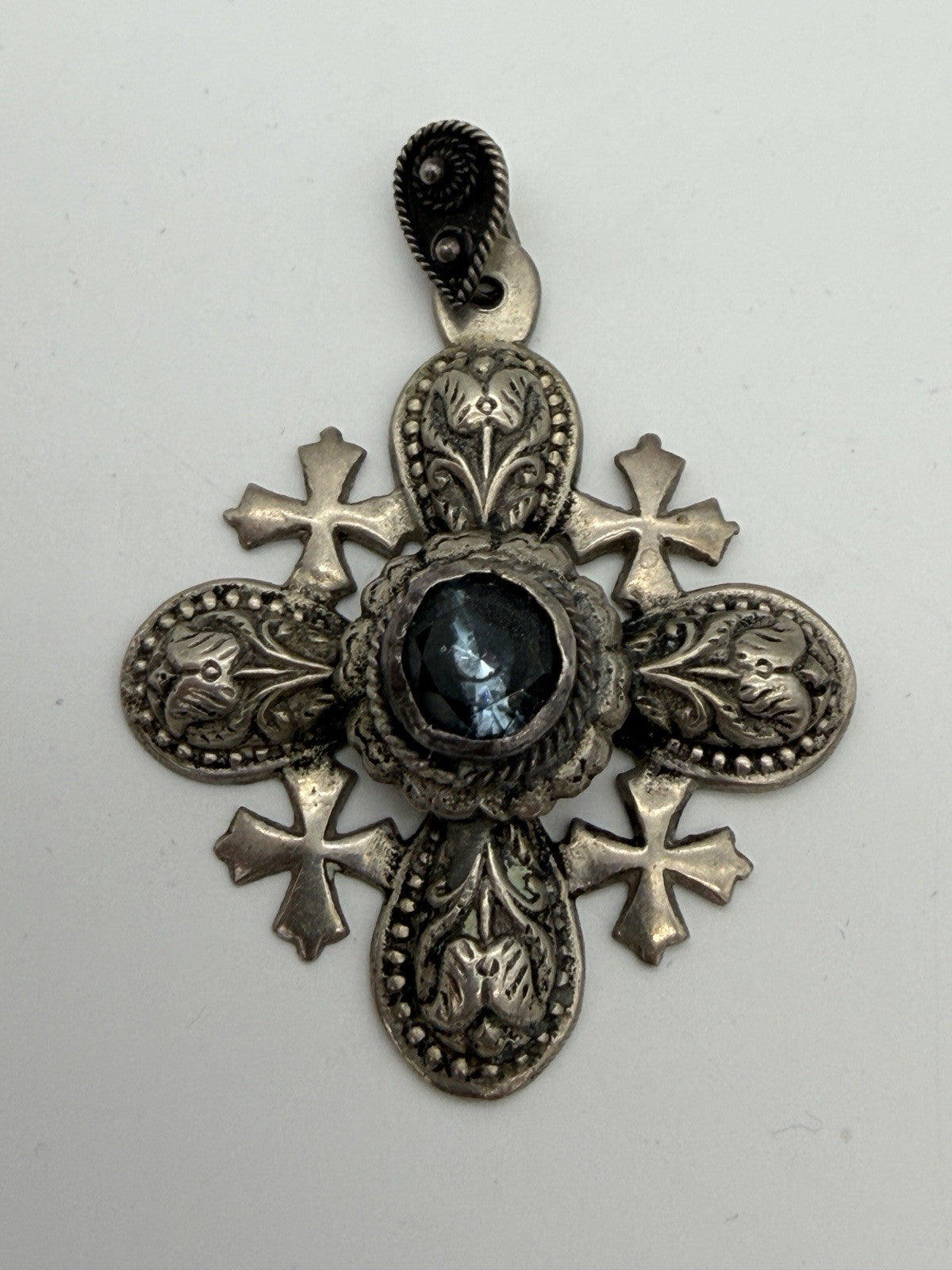 Vintage Ornate 950 Silver Jerusalem Cross 2.5”Pendant 33g Blue Onyx /cabochon