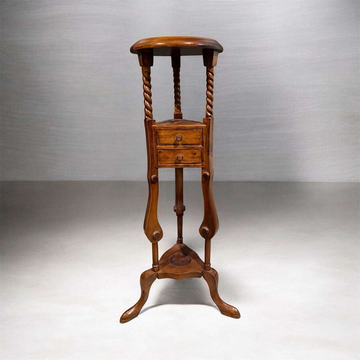 Victorian Mahogany Two Drawer Barley Twist Pedestal Plant Stand Wood Table 34”H