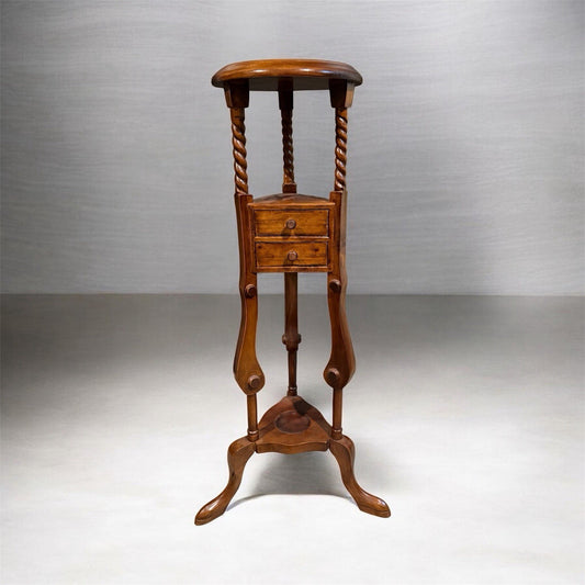 Victorian Mahogany Two Drawer Barley Twist Pedestal Plant Stand Wood Table 34”H