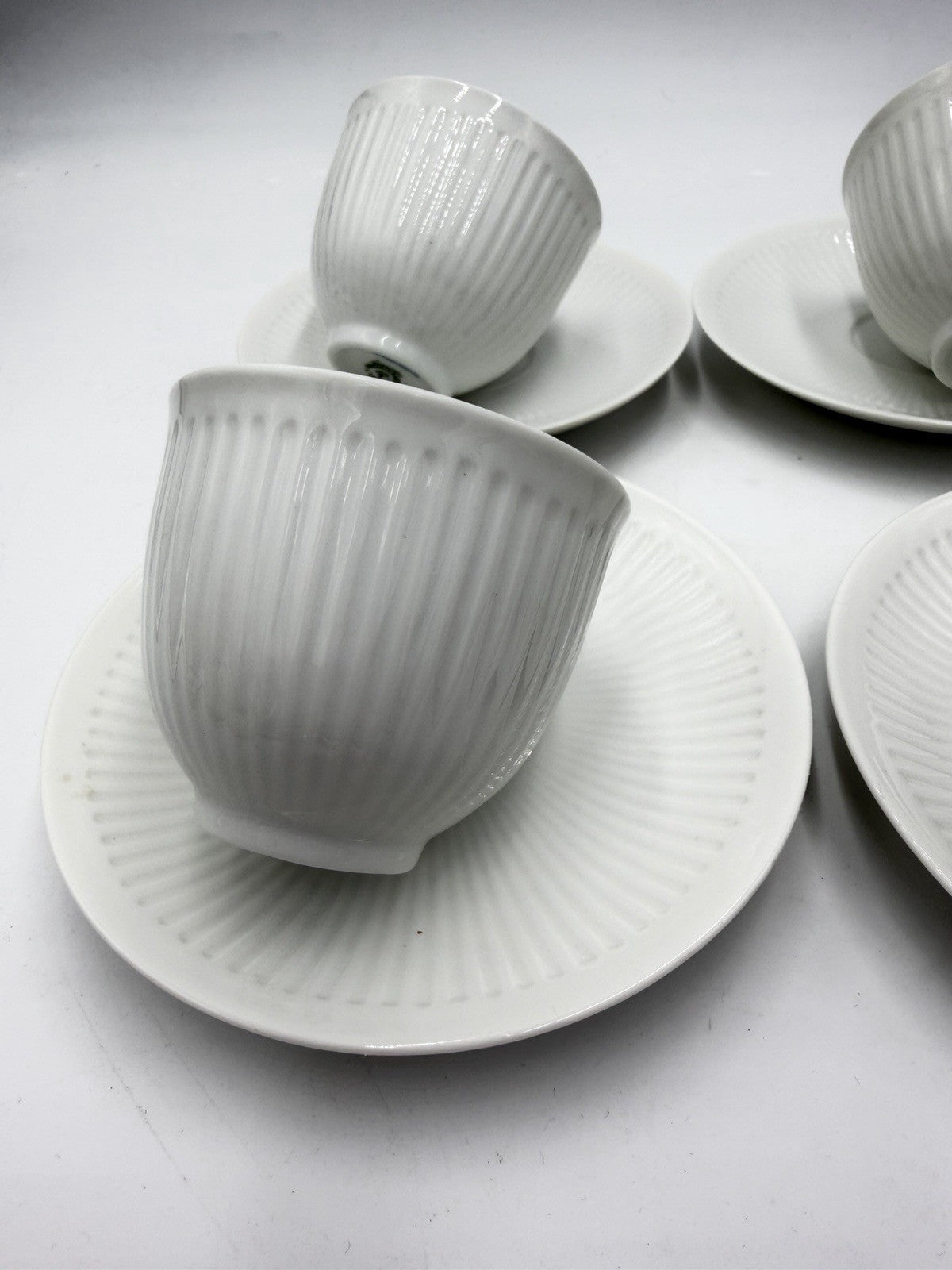 Royal Copenhagen Denmark White Georgiana Flat Demitasse Cups & Saucers 4 Sets