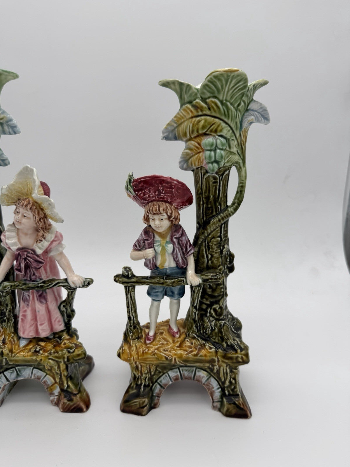 Antique Brothers Urbach Teplitz Bohemian Austrian Majolica Boy Girl Vase 11”