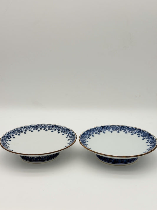 Antique Arita Japan Porcelain Blue /white Pedestal Painted Footed Serving Dish