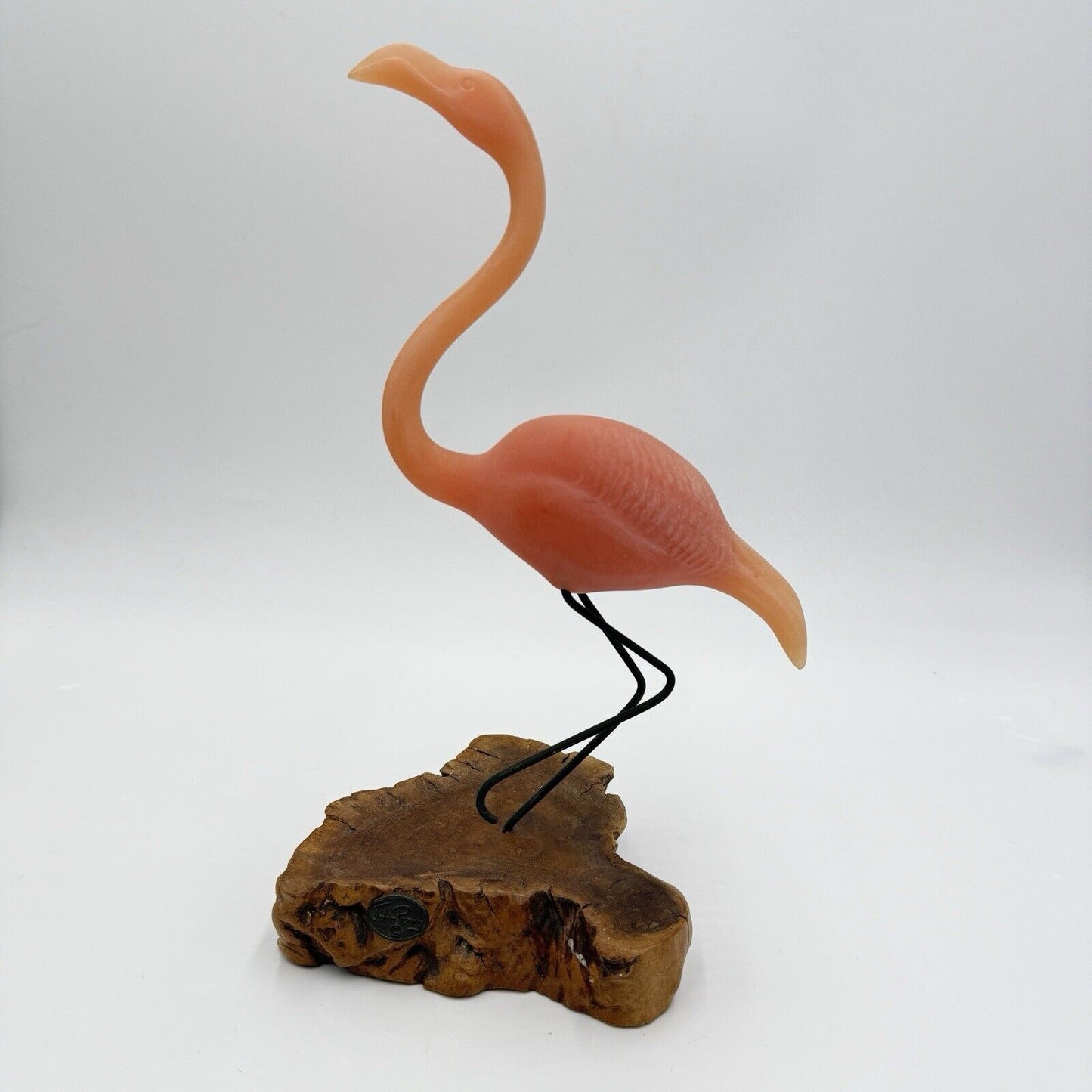 Vtg John Perry Pink Flamingo On Burl Wood Sculpture Nautical Decor Large 12”