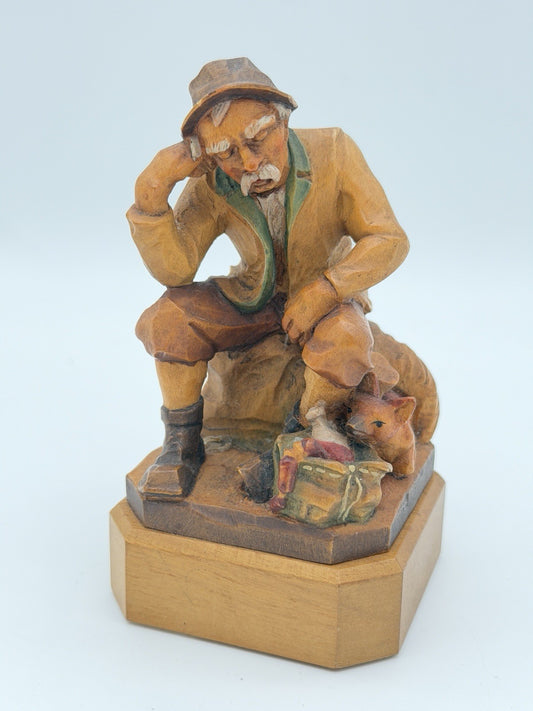 Anri Italy Folk Art Hand Wood Carved Hunter Man Rifle Fox Figurine 5" Vtg 1950