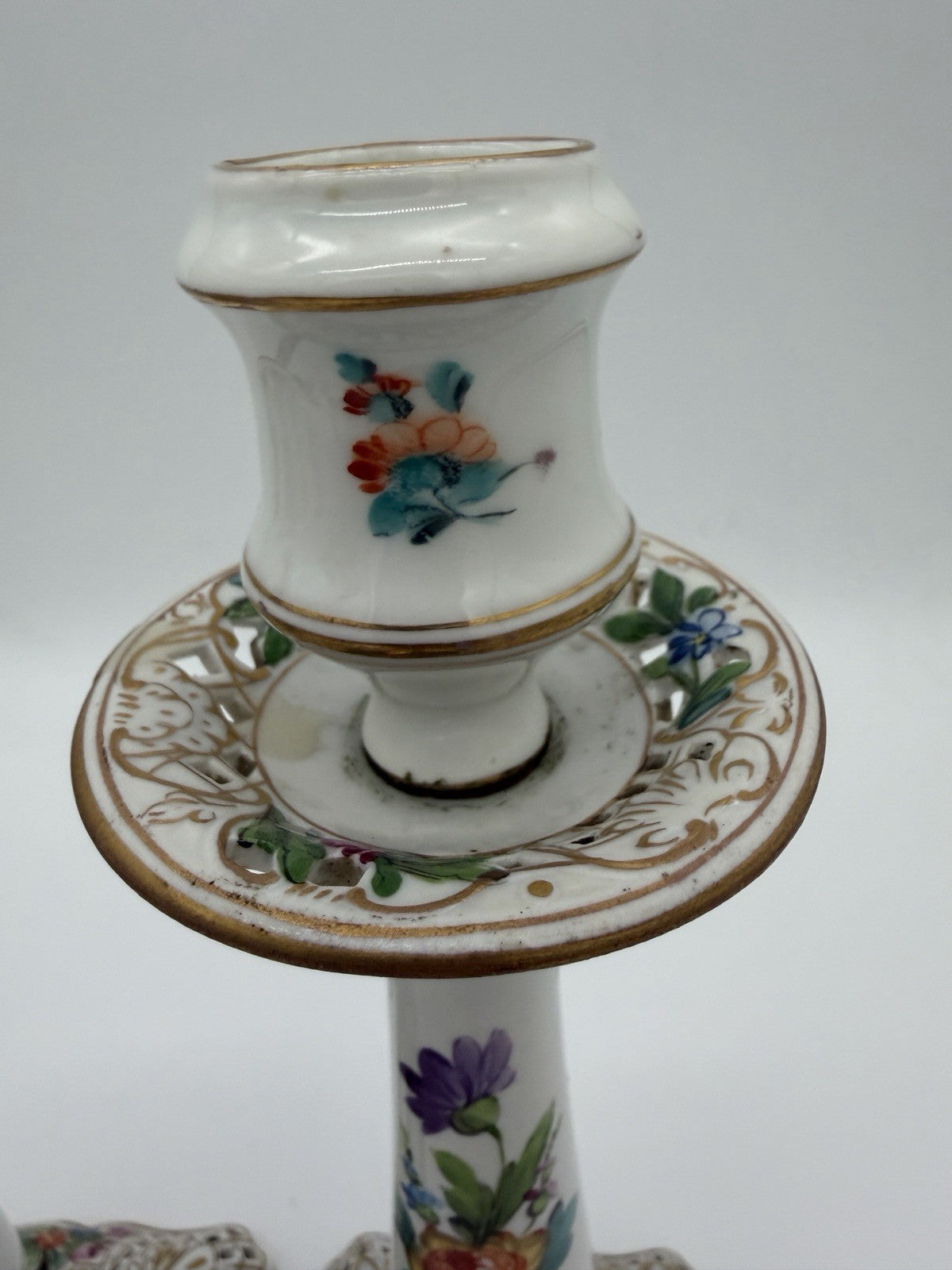 Antique  Dresden Porcelain Carl Thieme Saxony Reticulated 10" Candlestick Floral