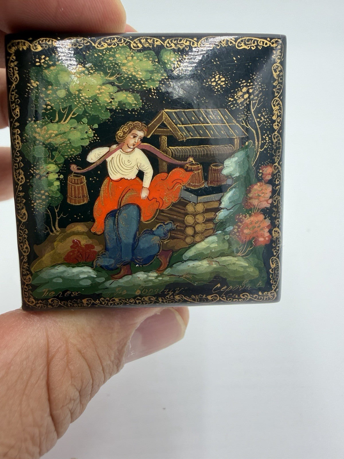 Folk Art Russian Wood Lacquer Box 80s Handpainted Fairy Tale Woman in the Well