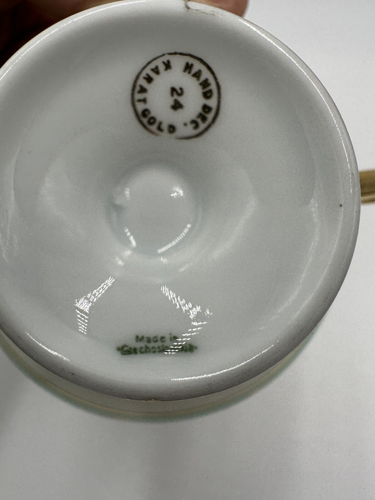 Czchoslovakia Bohemia Teacup Footed 24K Gold Encrusted Green Serveware Porcelain