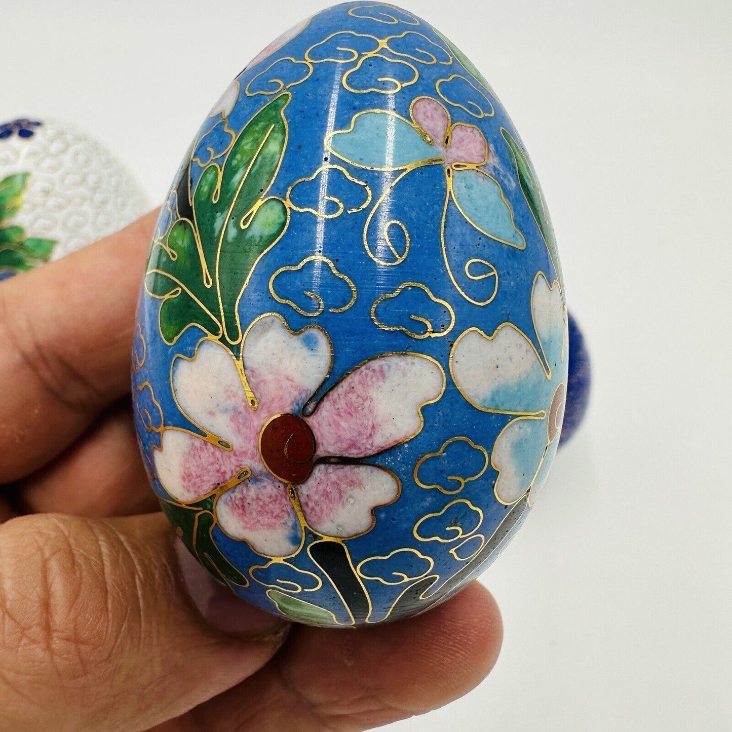 Cloisonné Chinese Easter Eggs Enamel Floral Butterfly Set Set of 3 Vintage