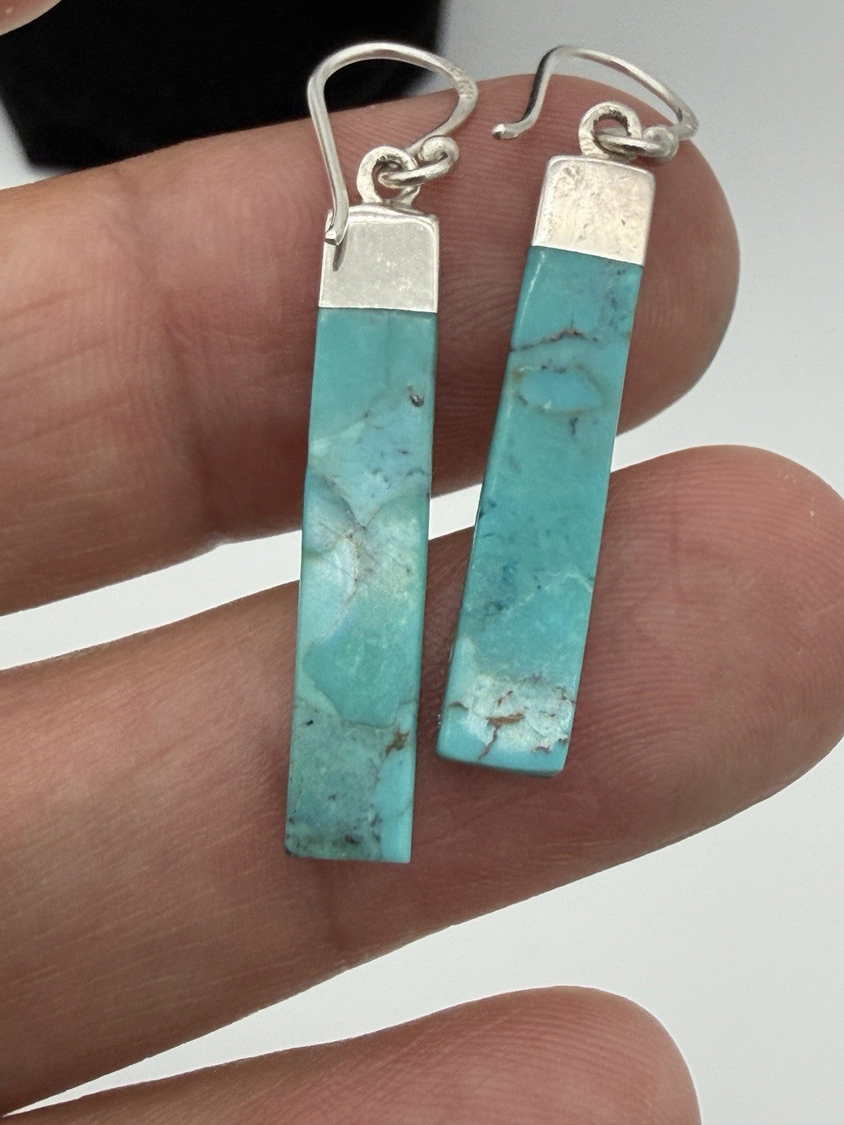 Sterling silver dangle earrings slender rectangular turquoise stone drops 925