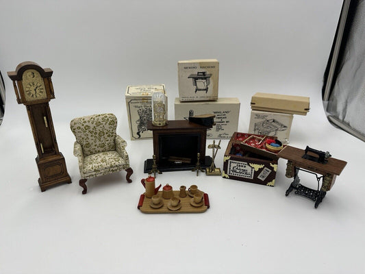 Dollhouse Furniture Lot Clock Sewing Machine Land Chest Fireplace Chair Vintage