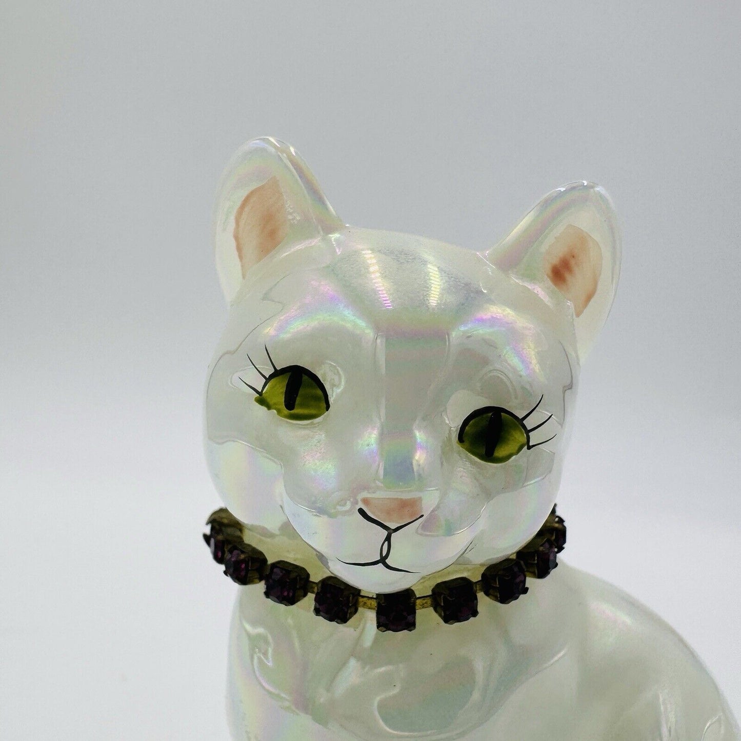 Vintage Fenton Art Glass Birthday Cat Iridescent  Figurine Signed