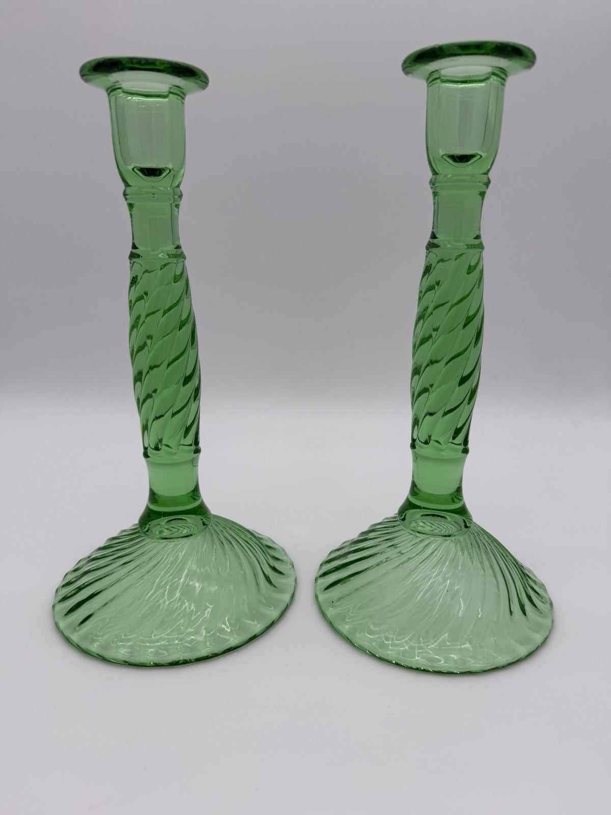 Antique EAPG art glass Swirl Early American Pressed Green mint candlesticks