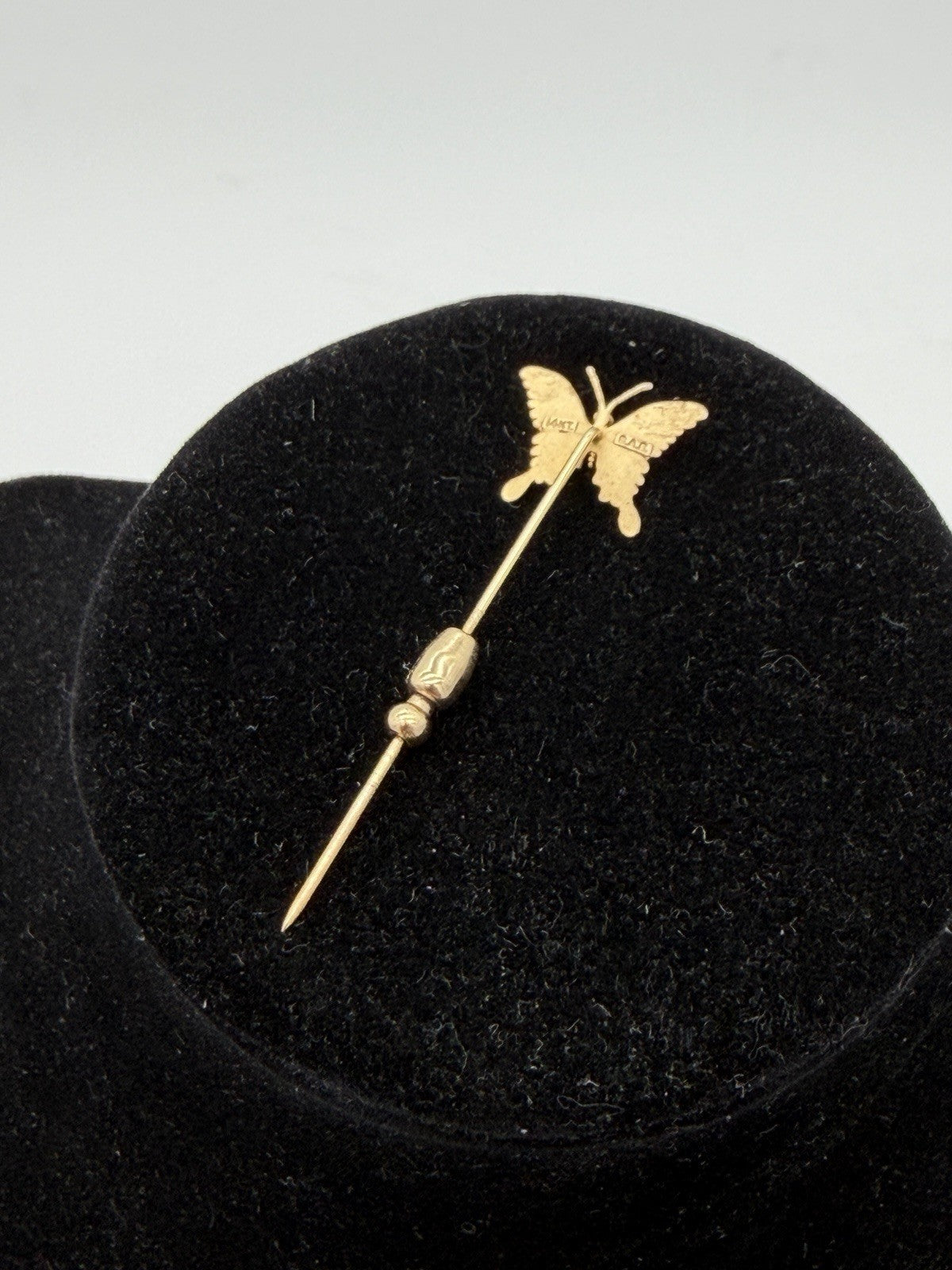 14K Solid Yellow Gold Signed B.A BALLOU B.A.B  BUTTERFLY Hat Stick Pin Vtg 1.8g