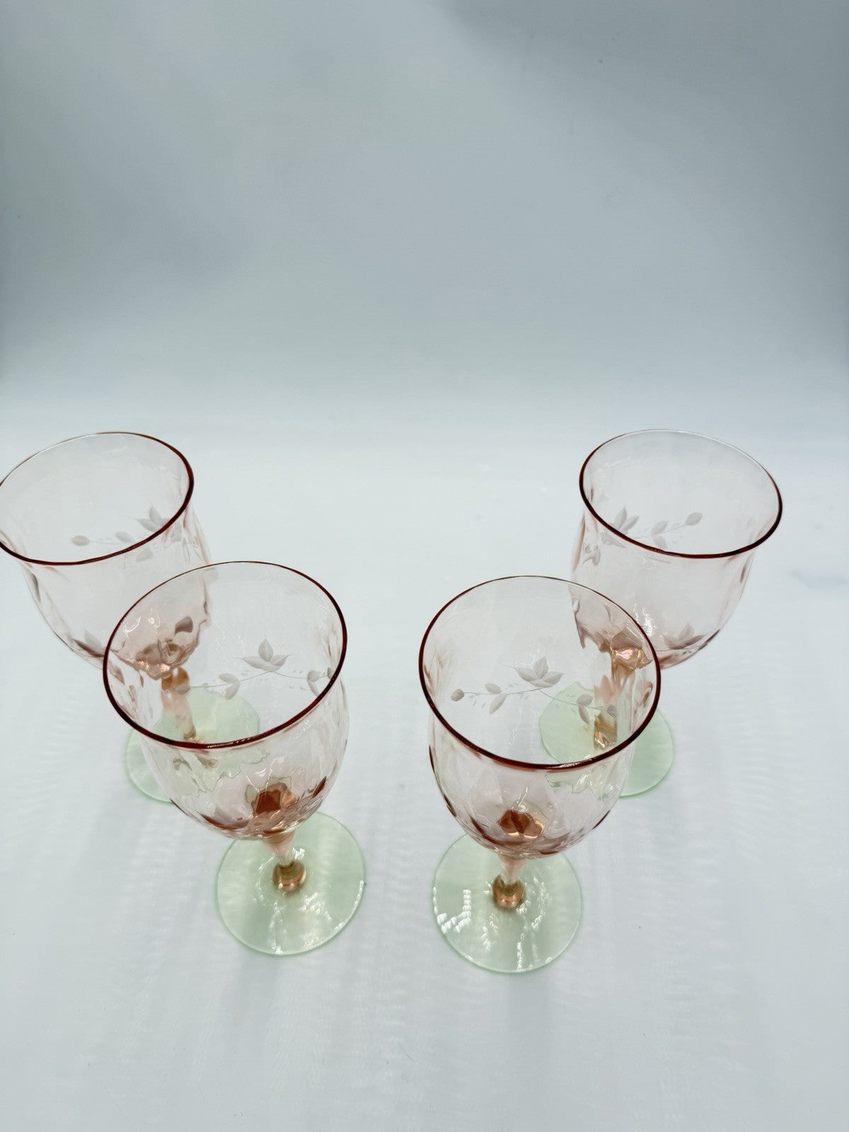 1930 Art Glass Uranium Weston Watermelon Etched Stemmed Wine Glasses 4pcs