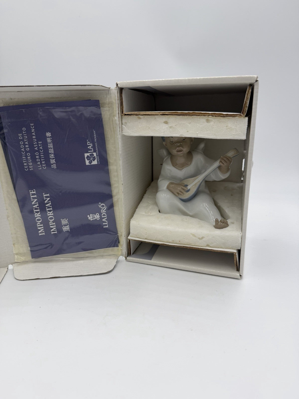 Lladro Spain Porcelain Angel Playing Mandolin Seated Boy Figurine NIB Retired Vt