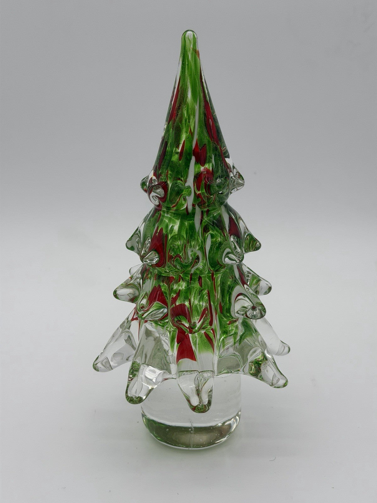Vtg Hand Blown Art Glass Christmas Tree 9.5”H Green & Red Paperweight Figurine