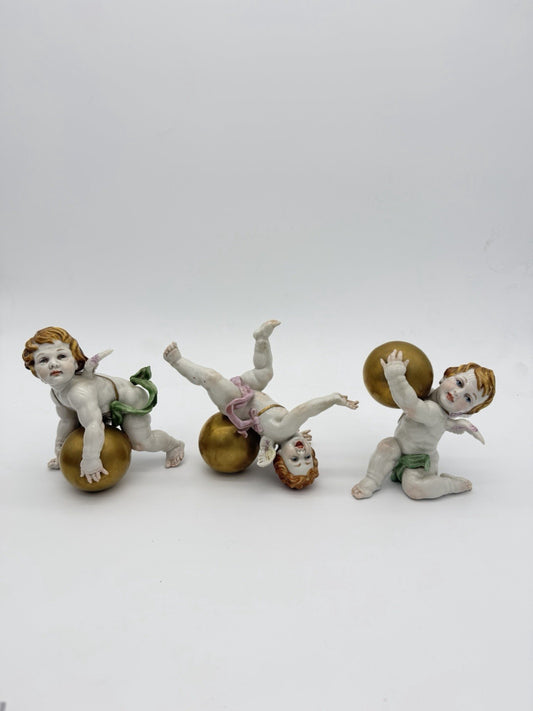 1940’s Algora Spain Porcelain Art Nouveau Playful Cherub Angels Figurines Gold