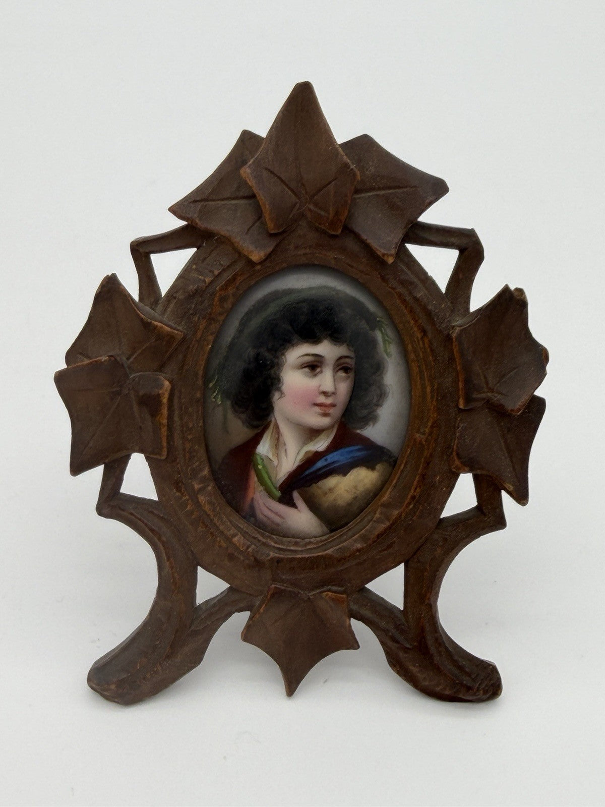 Antique Black Forest Carved Frame Painted Porcelain Young Portrait Miniature 3”H