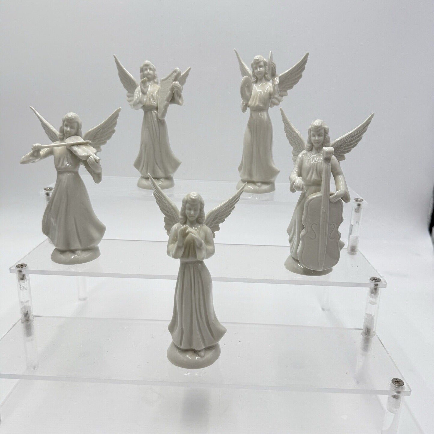 Dresden Germany White Angel Choir Band Figurines Porcelain Vintage 5” Set