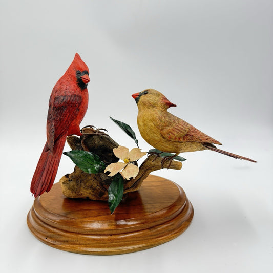 Vintage Susan Young Folk Art Wood Carving Northern Pair Cardinal Perched Signed