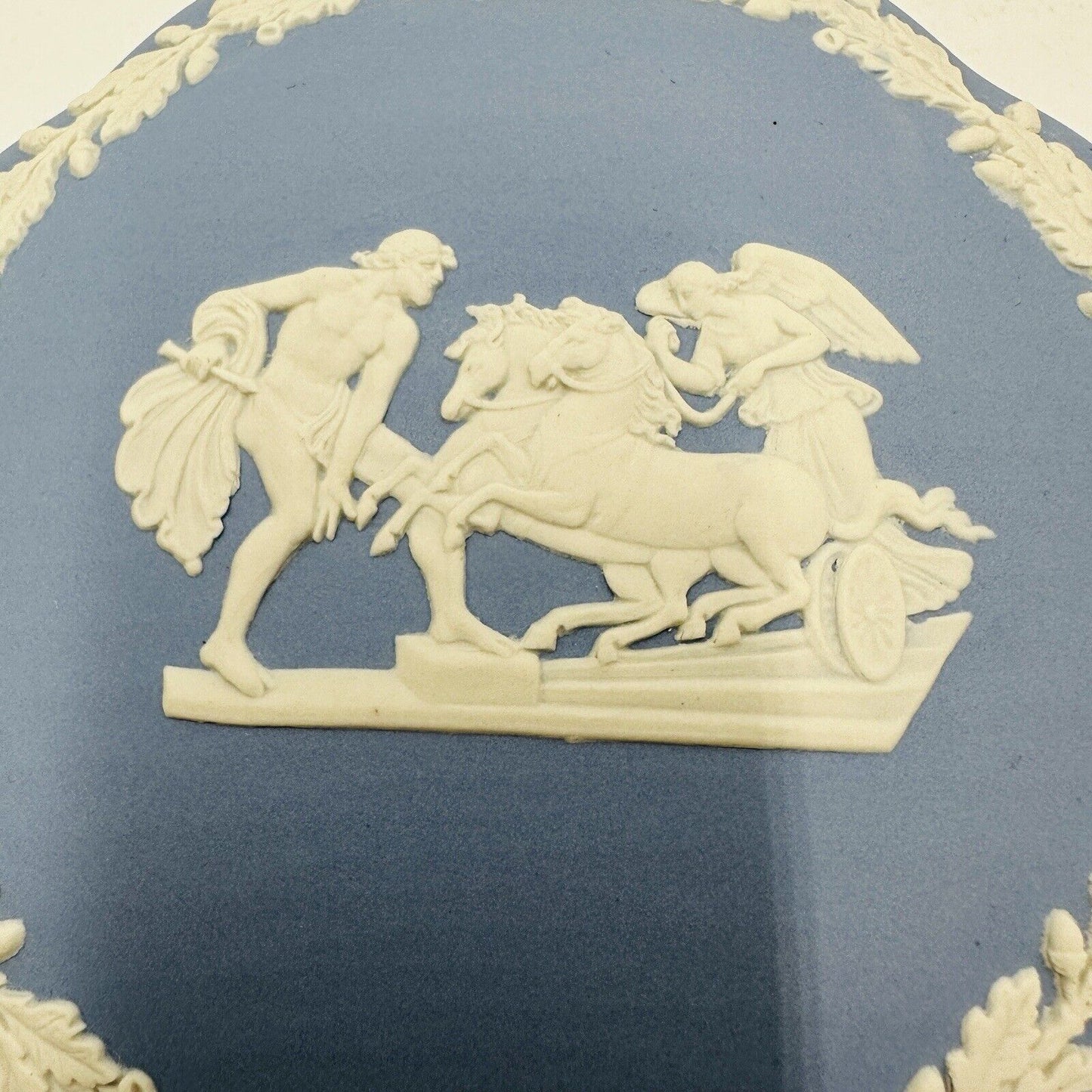 Wedgwood Blue Jasperware Covered Dresser Trinket Box Inlaid Ornate Horse Vintage