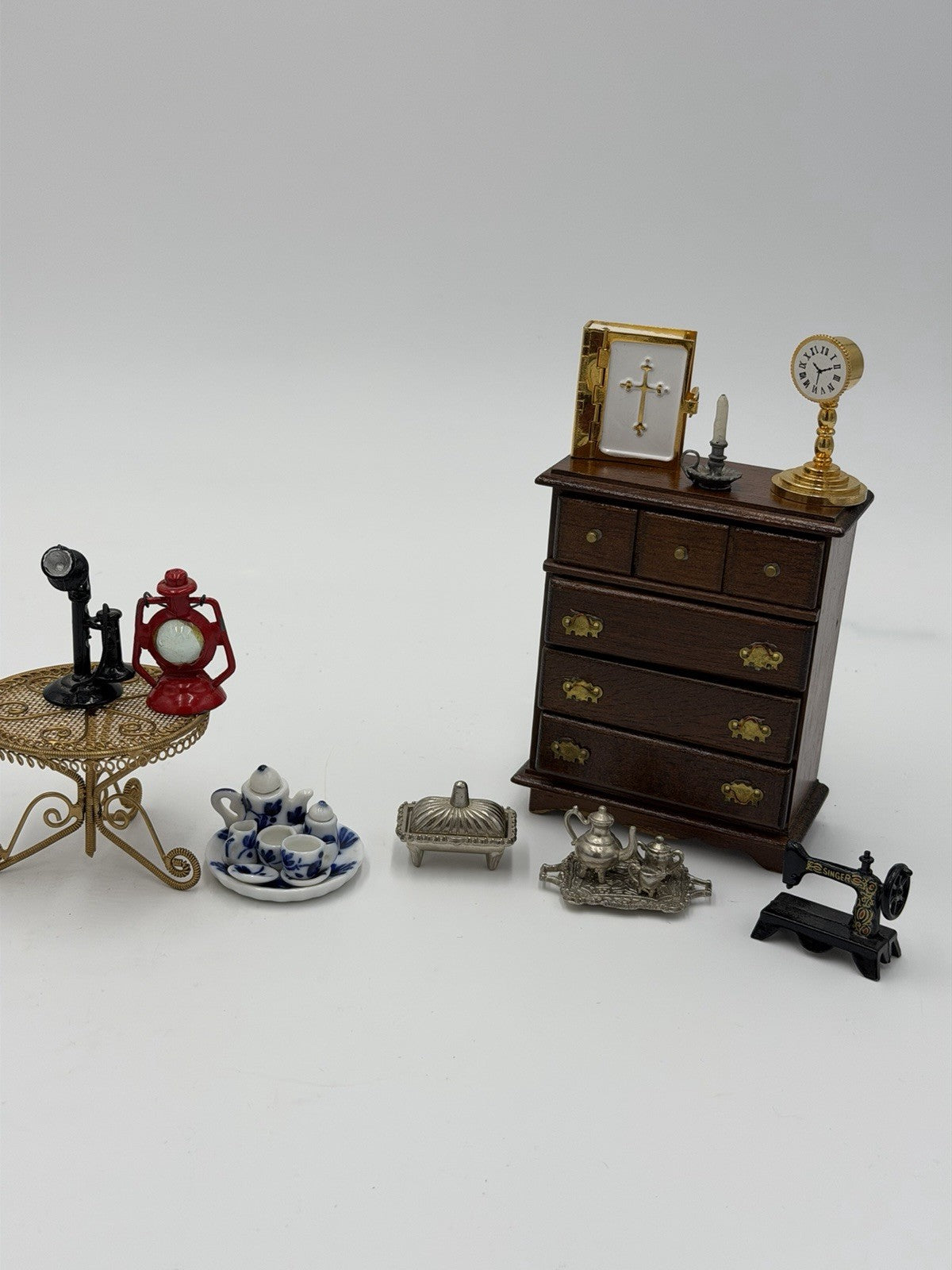 Vintage Dollhouse Furniture Miniature Lot Drawer Bible Clock Tea Set Table