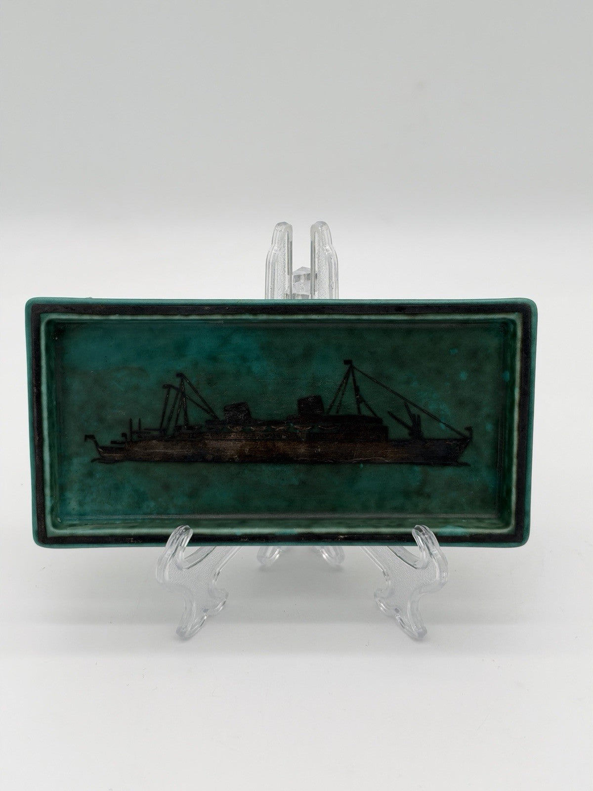Gustavsberg Sweden Teal Argenta Trinket Dish boat 1940s Wilhelm Kåge