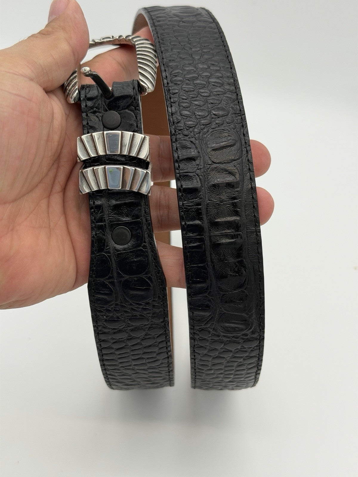 justin top grain leather belt C12873 Size 38 Black Silver Tone Buckle USA 45”L