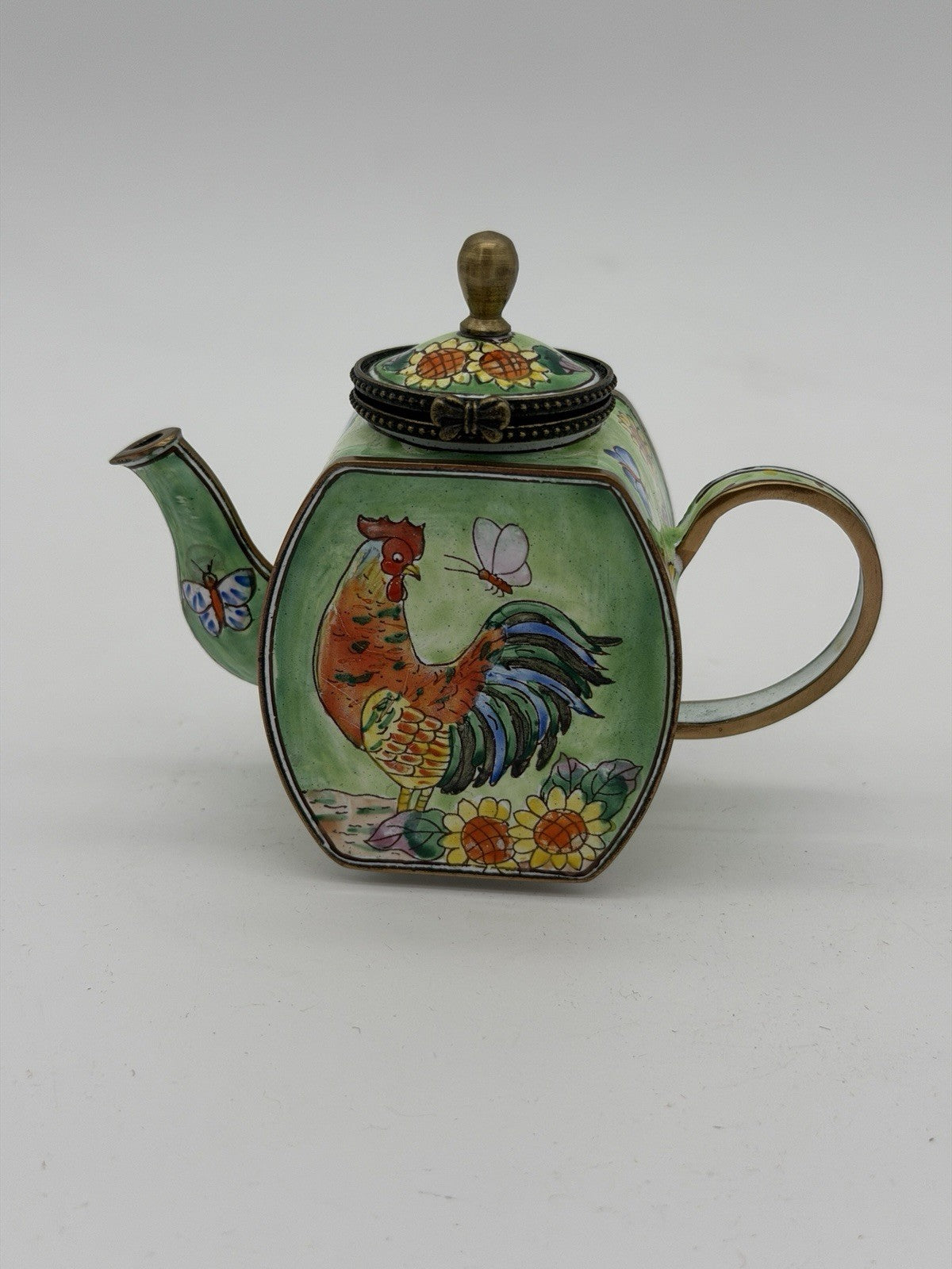 Kelvin Chen Enamel Teapot Trinket Box Rooster Butterflies #2323 Miniature Vtg