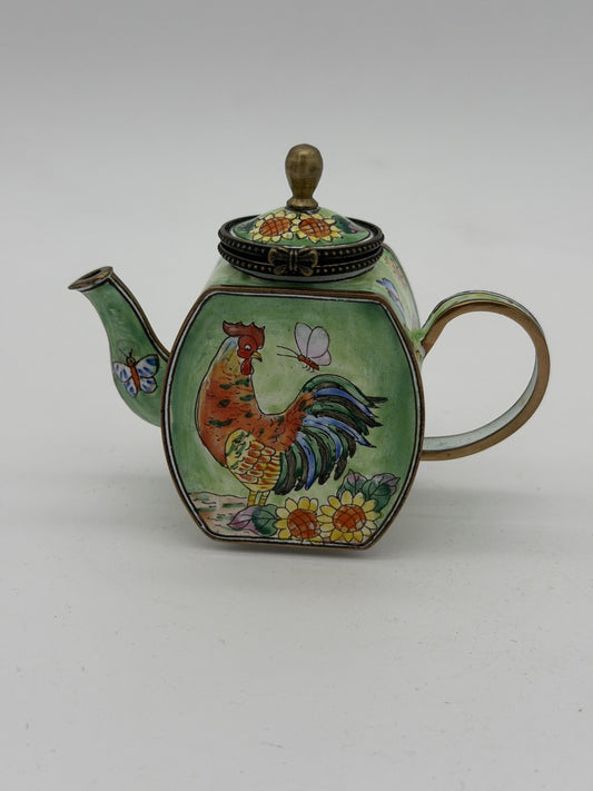 Kelvin Chen Enamel Teapot Trinket Box Rooster Butterflies #2323 Miniature Vtg