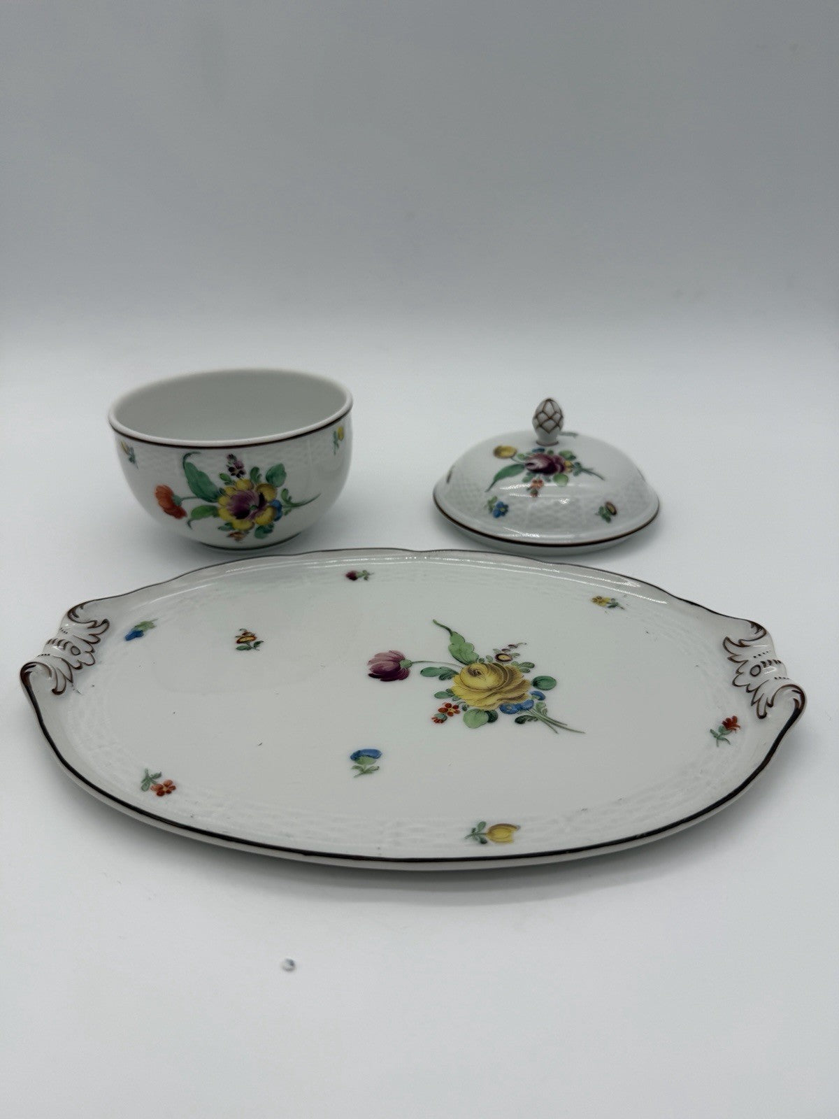 Antique Nymphenburg Porcelain Floral Sugar Bowl & Tray Basket Weave Set 2 PCs