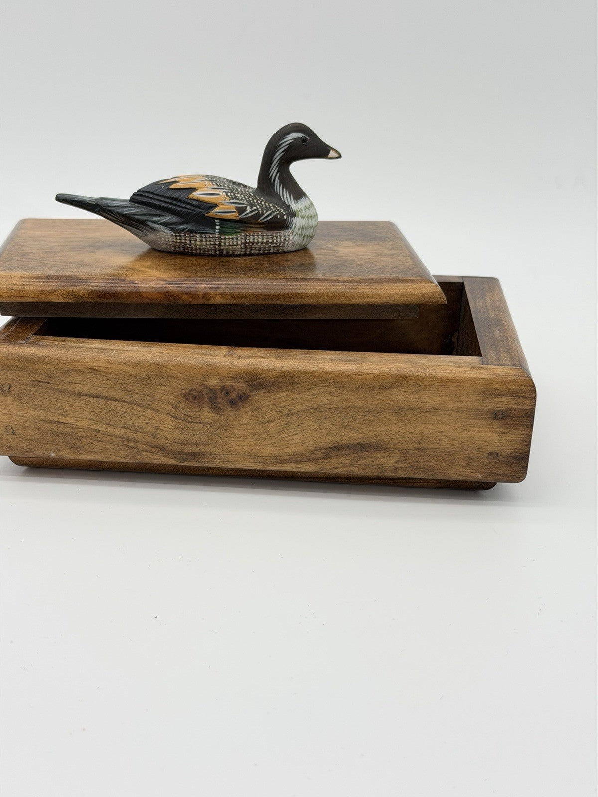 Folk Art Handmade Wooden Duck Decoy On It Trinket Box Vintage Solid