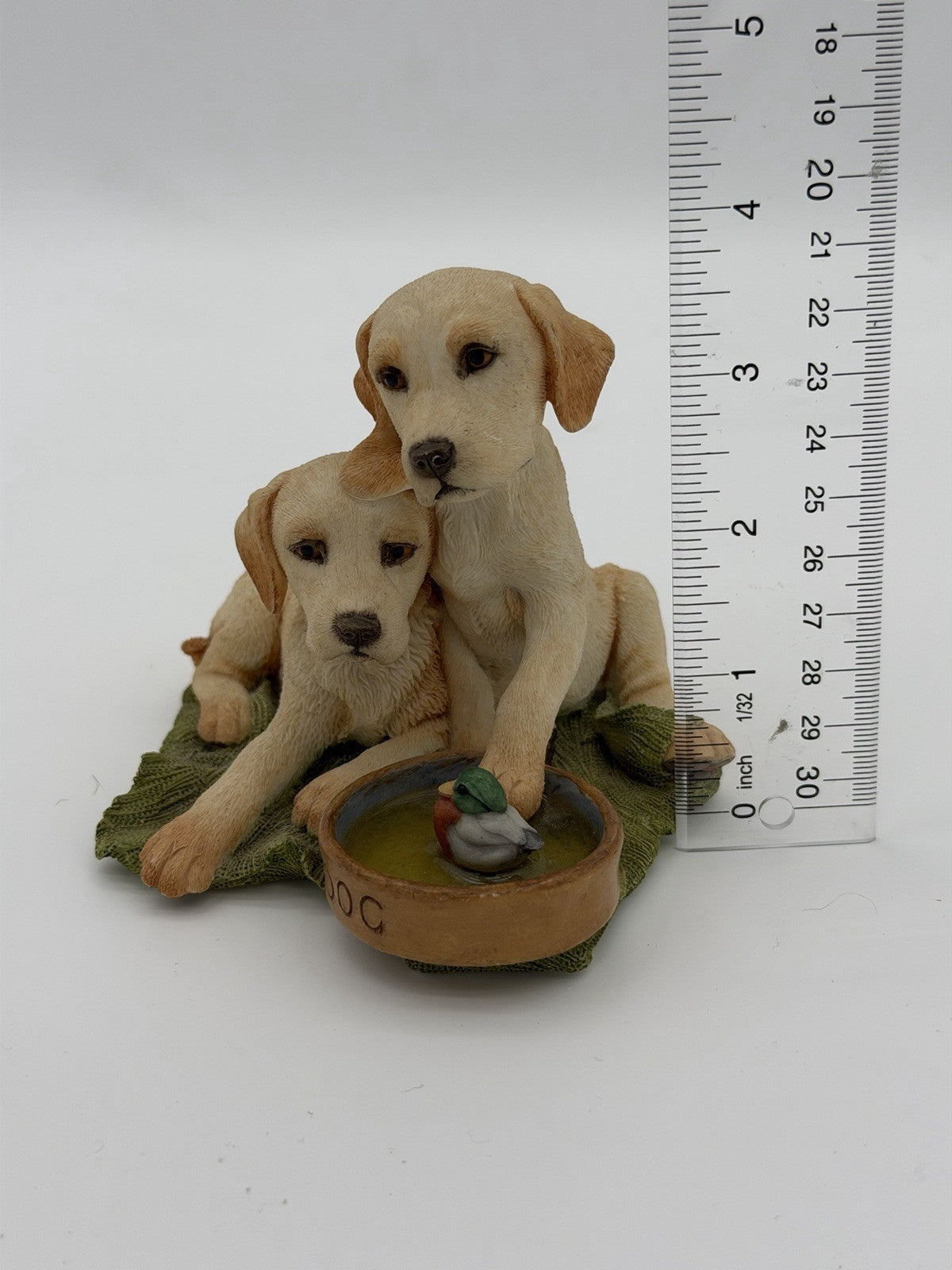 Country Artists England Yellow Labrador Pups W/Dog Bowl Painted Dog Figurine 4”