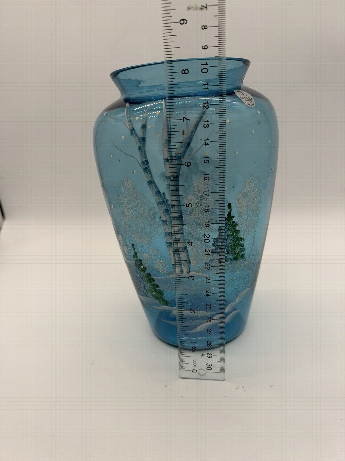 Fenton Art Glass Quality Blue Hand Painted Winter Christmas Scene Vase 8.5”H