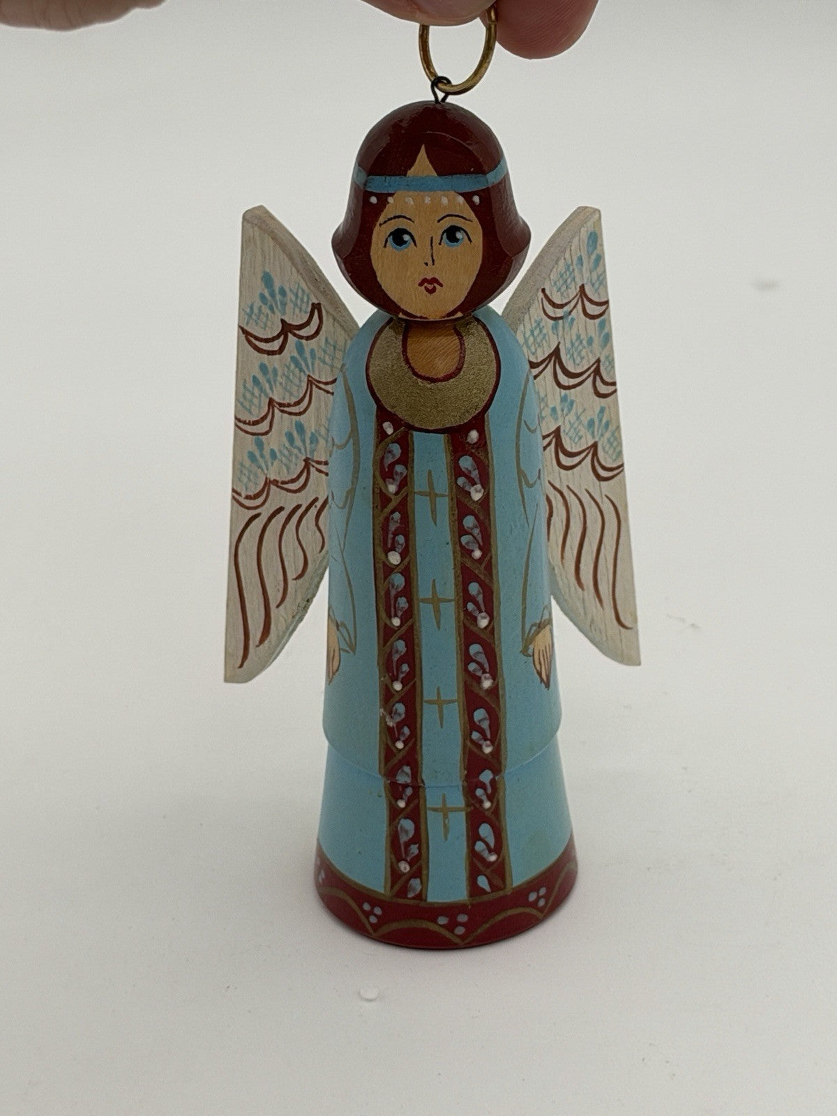 Vintage Folk Art 1998 Wood Carved Angel Christmas Ornament USRR