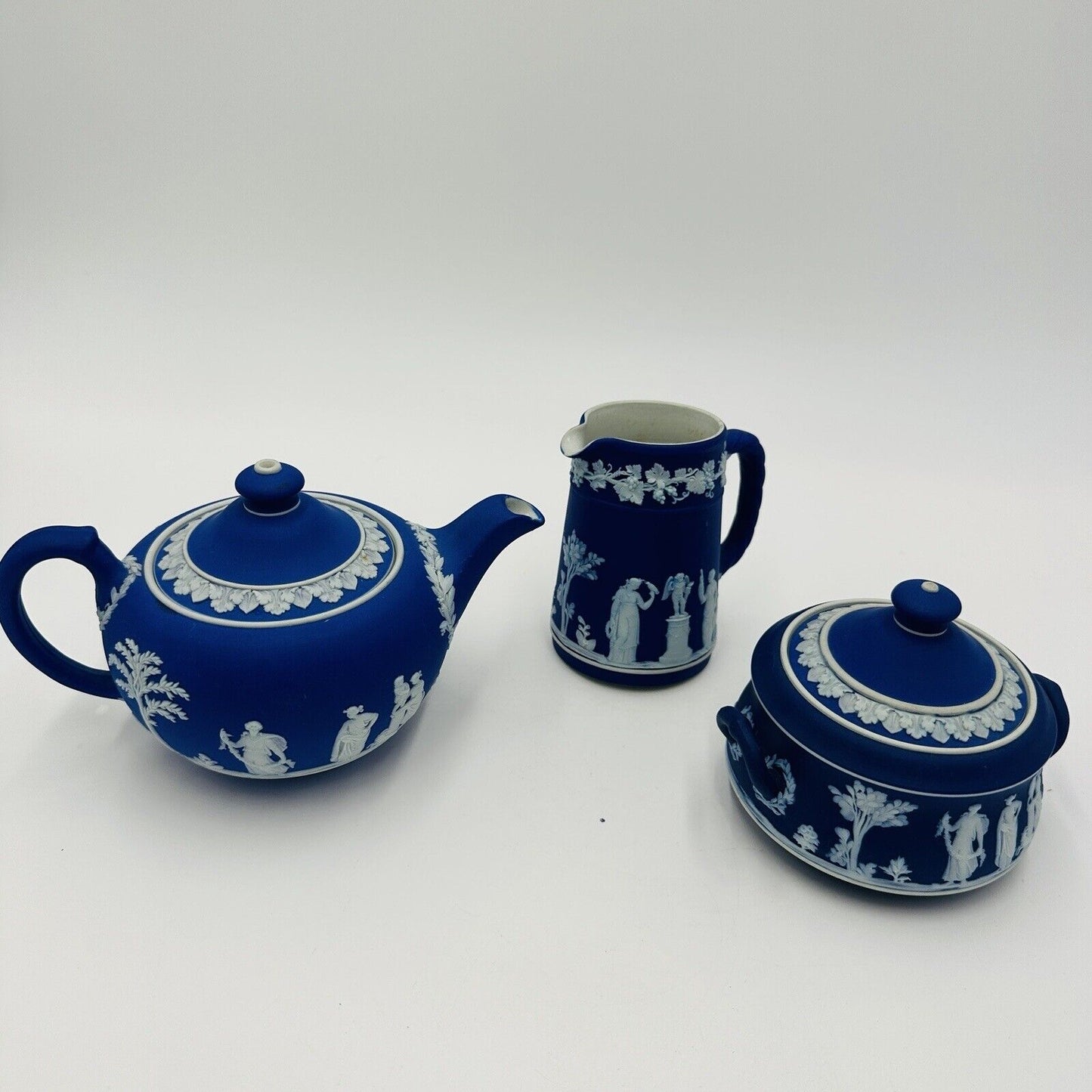 Wedgwood Teapot Sugar Bowl Pitcher Dipped Cobalt Blue #43 Set Jasperware