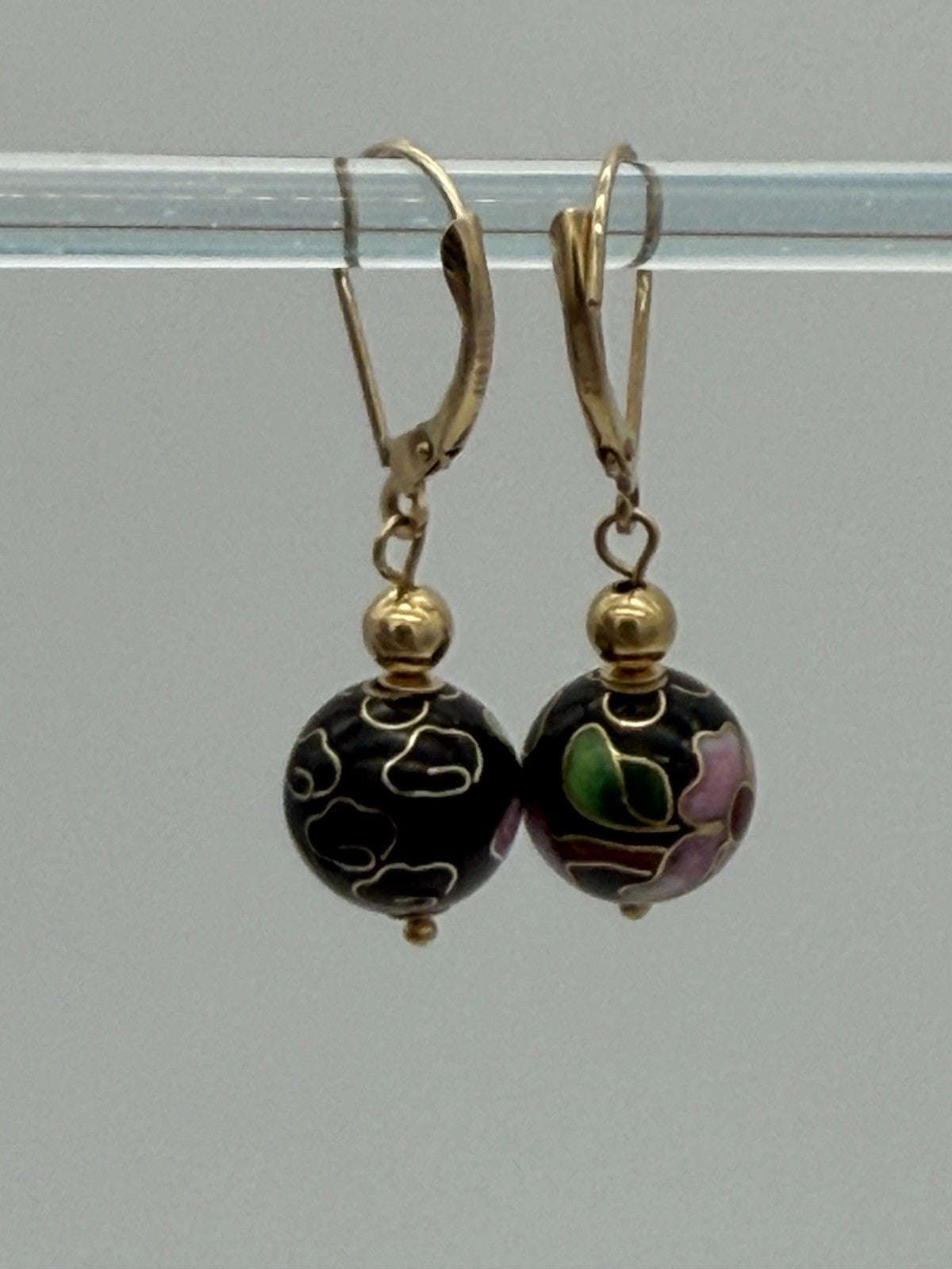 Vtg Pair of Earrings 14K Gold Cloisonne Flower Ball Drop Dangle Signed ZZ 585