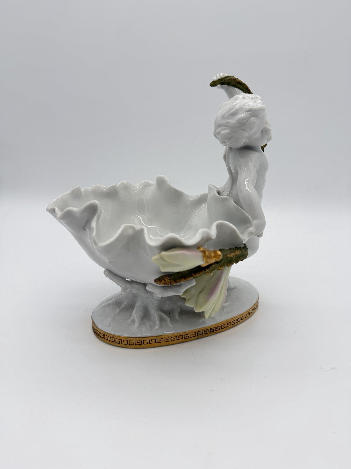 Antique Moore Bros White/Gold Trim Orchid Porcelain Putti Cherub Bowl Sculpture