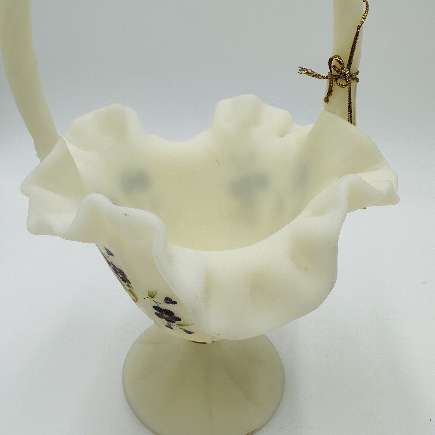 Fenton Basket Art Custard Glass Signed Ruffled Floral Butterfly Hand Painted