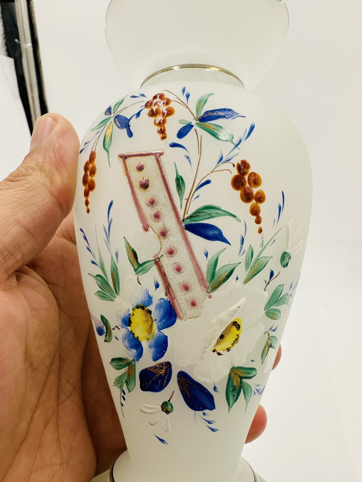 Vase Victorian Bristol Opaline Floral Hand Blown & Hand-Painted on White Decor