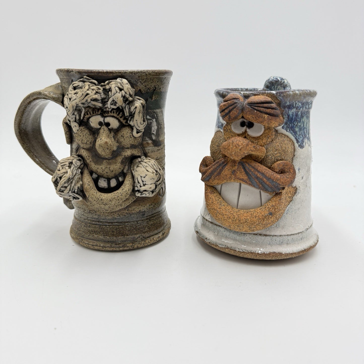 Pair Ugly Face Studio Art Pottery Drip 5” Blue Gray Coffee Mug Stoneware Handmad
