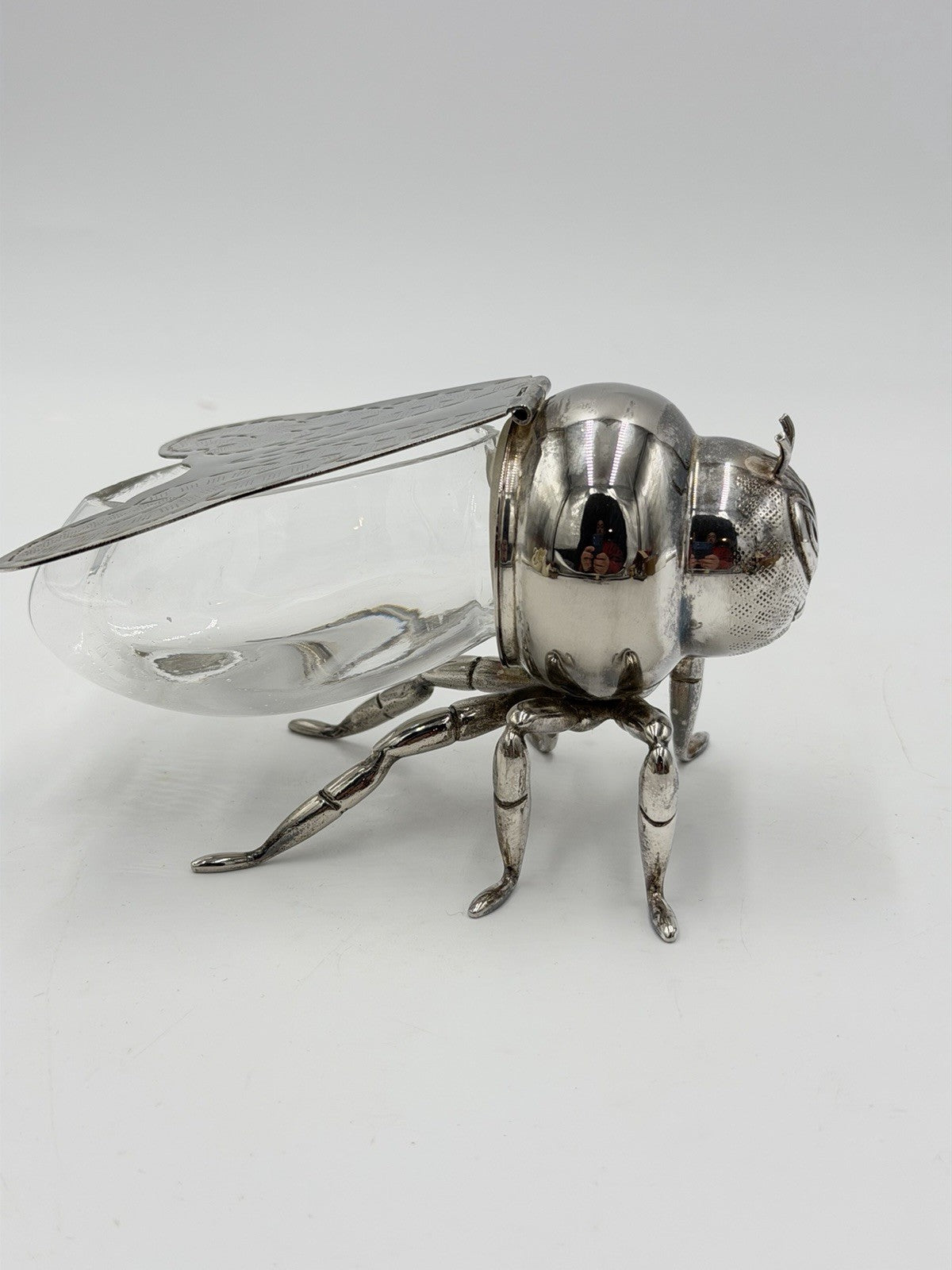 Antique Silver Plate & Glass Honey Bee Honey Pot Unmarked 6" Long x 3" Tall