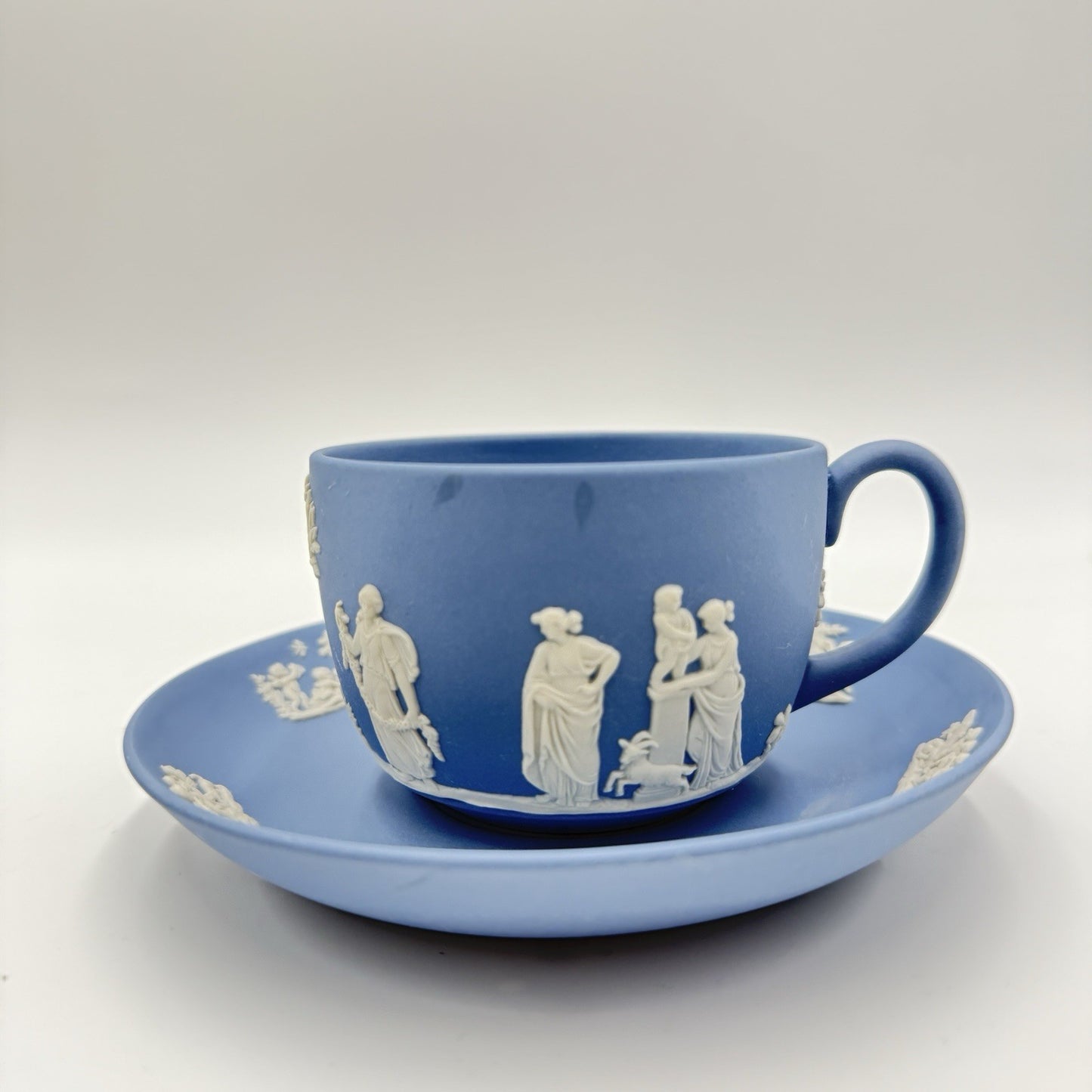 Wedgwood England Blue Jasper Ware Teacup & Saucer Greek Scene Cherub