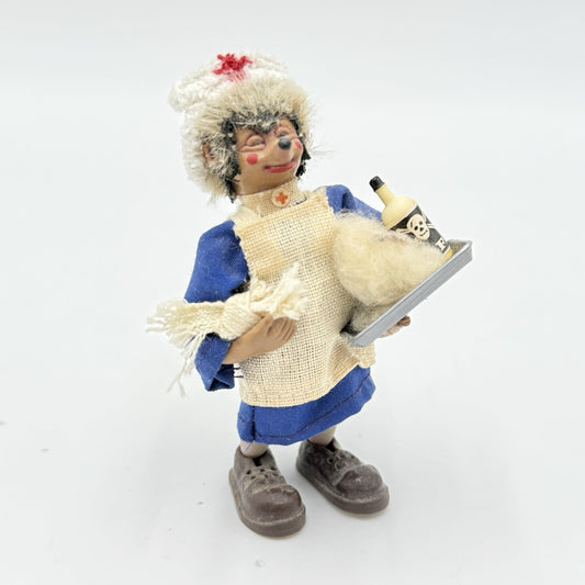 Vintage Peter Mecki 3.5" Steiff Hedgehog Doll Nurse With Medicine Tray & Hat