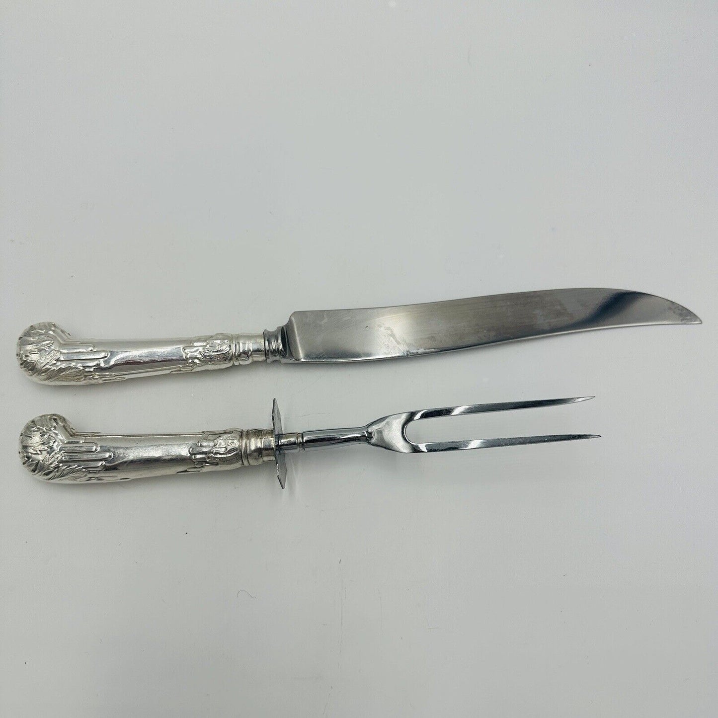 Ambassador Sheffield Knife & Fork Set UK Sterling Silver Handles Carving Art De