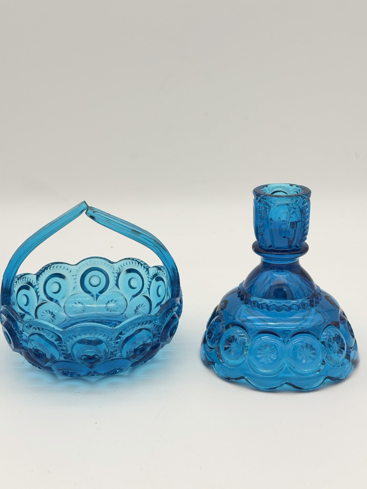 MCM LE Smith Moon & Stars Art glass basket & Candleholder colonial blue Set