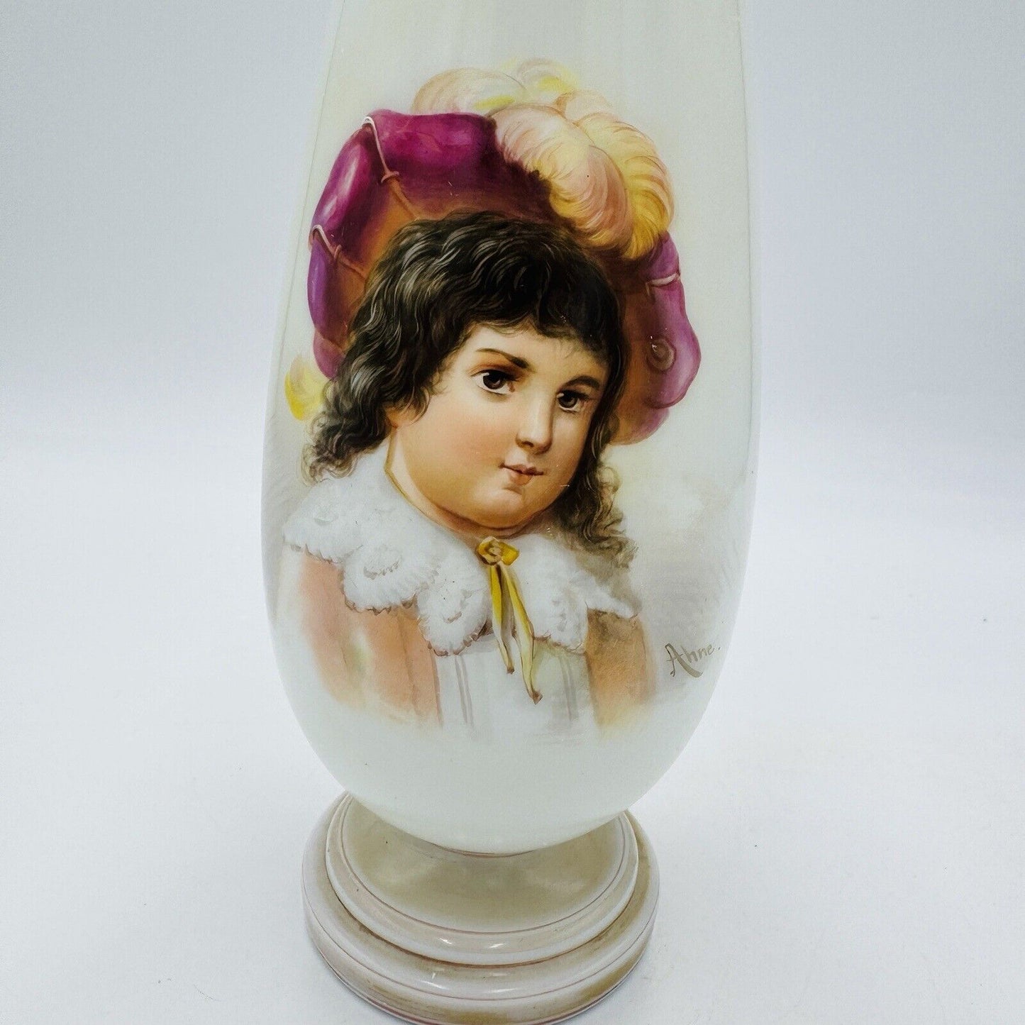 Antique Bohemian Opaline Art Glass Vase Painted & Signed Portrait 9"