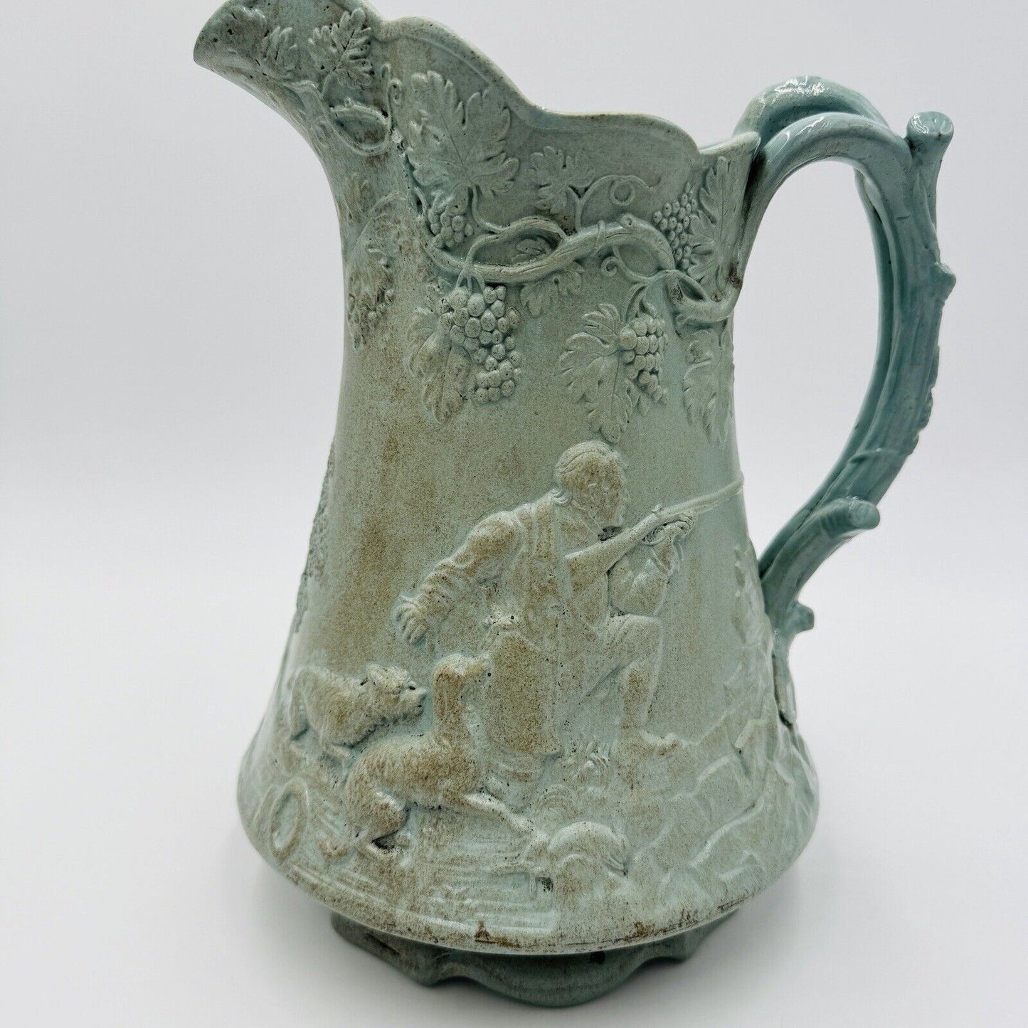 Parian Ware Relief Jug Pitcher Large Green Pottery Embossed Grapes Antique